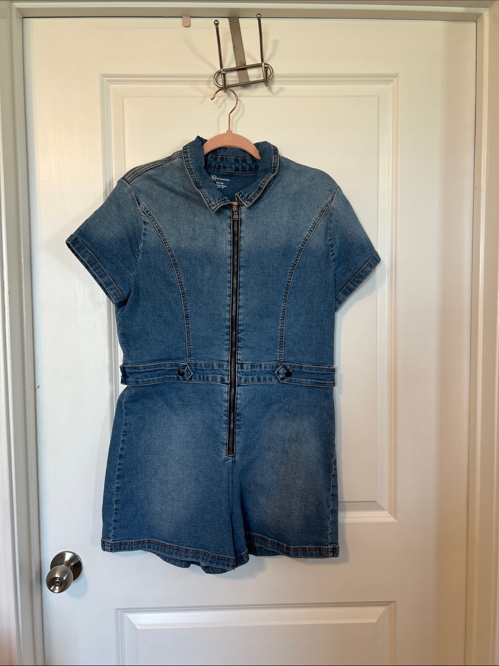 No Boundaries Blue Short-Sleeve Denim One-Piece Romper